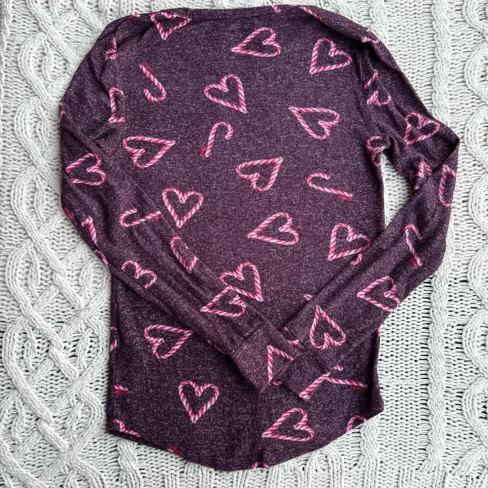 PINK Victoria's Secret Cozy Heather Purple Candy Cane Hearts Sleepwear Top Small